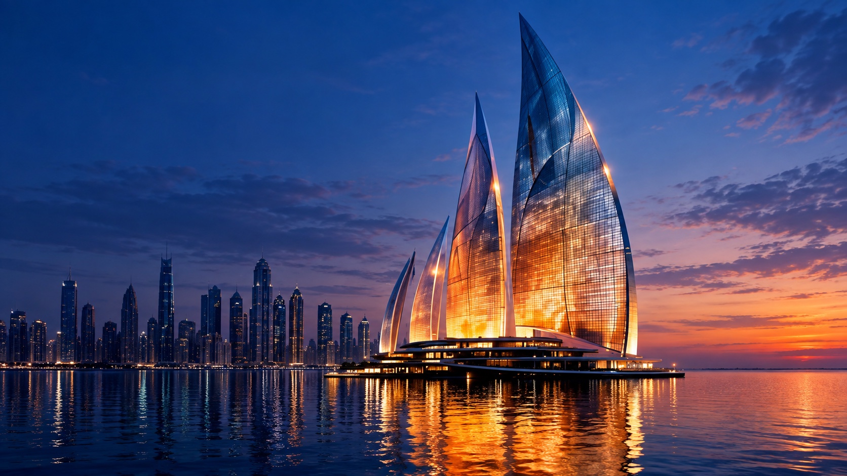 Hotel de cristal con torres curvas en forma de vela y reflejos dorados sobre el agua al atardecer.
